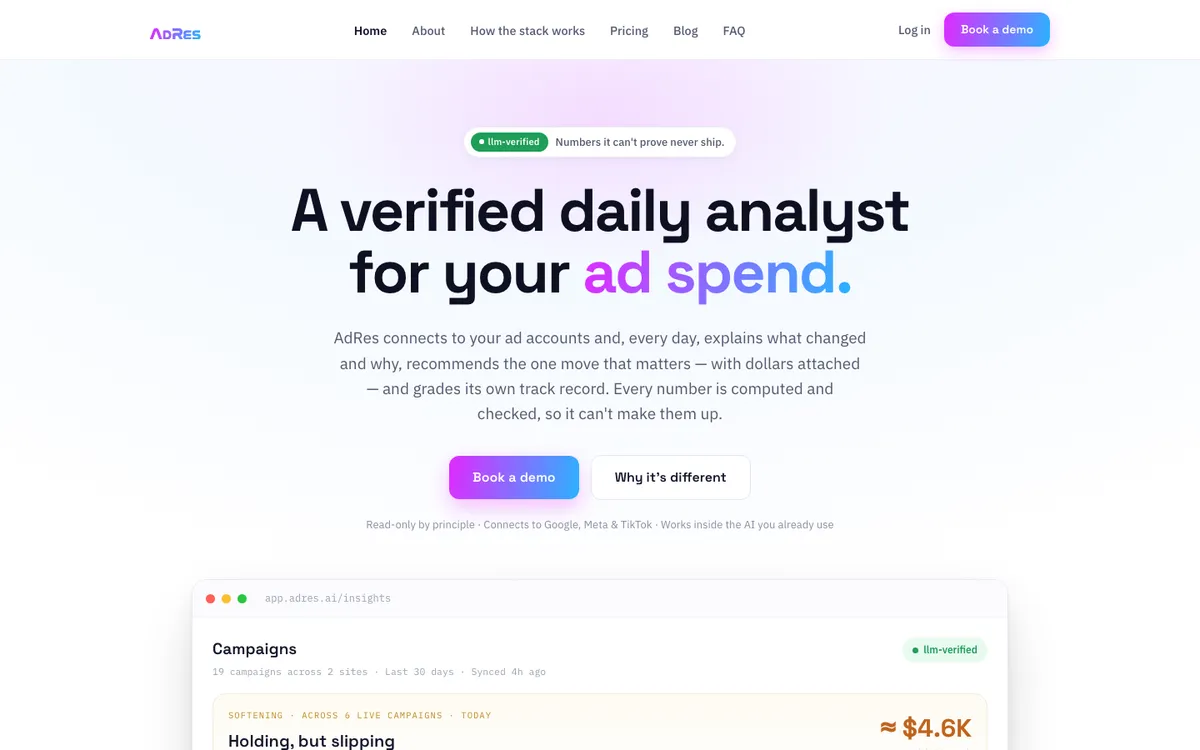 The adres.ai home page: a verified daily analyst for your ad spend