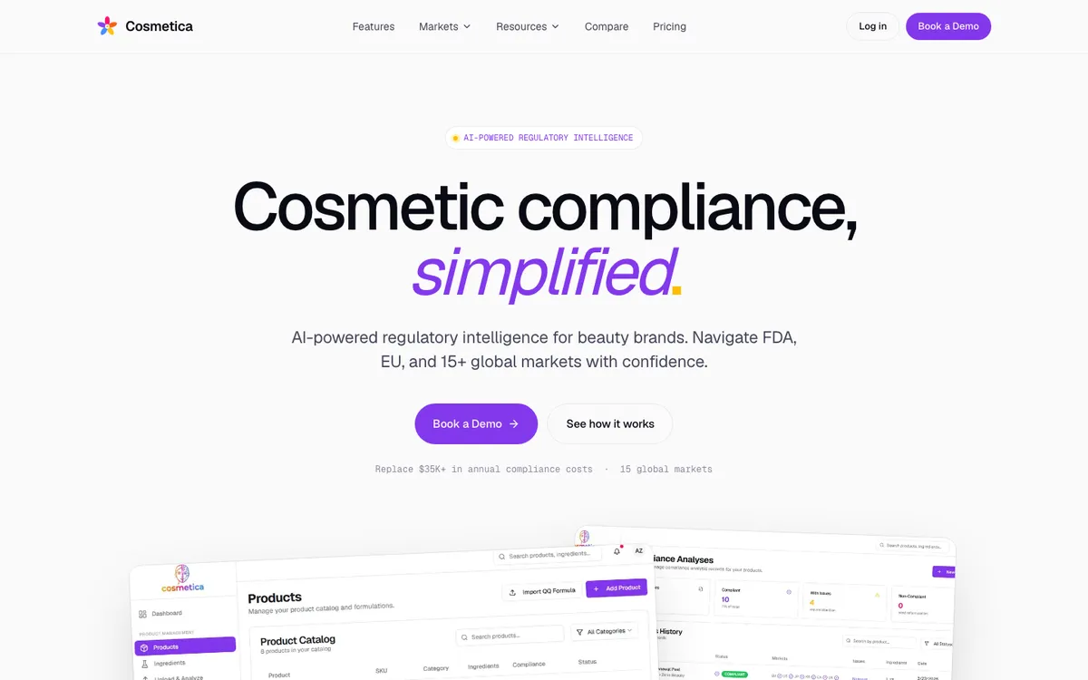 The getcosmetica.com home page: cosmetic compliance, simplified