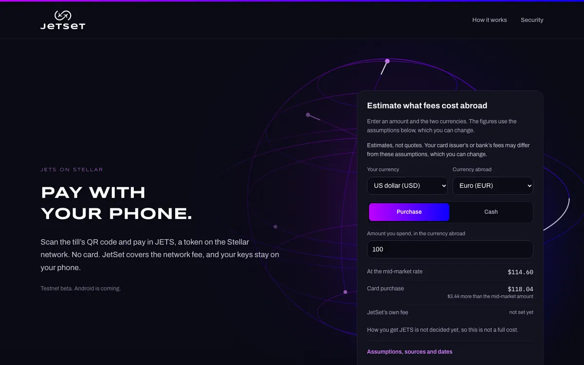 The jetsetapp.io home page: pay with your phone